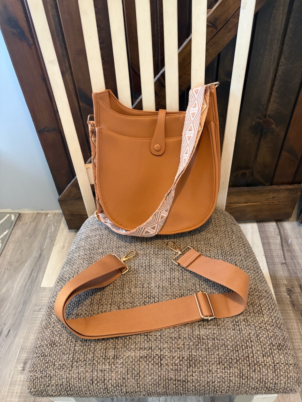 Tan Crossbody Tote Bag with Patterned Strap and tan strap